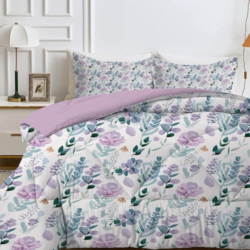 LSSLK Violette Blume Bettdecke 135x200 4 Jahreszeiten, Wende Gedrucktes Muster Steppdecke Schlafdecke Bettdecke ohne Bezug Waschbar, Weiche Ganzjahresdecke 135x200 mit 2 Kissenbezug 80x80 cm