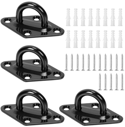 Swpeet 4Pcs M5 304 Stainless Steel Black Rhombus Pad Eye Plate Hook with Screws and Plastic Anchors Assortment Kit, Marine Hardware Hooks Ceiling U Hook Staple Ring Hooks for Securing Hanging