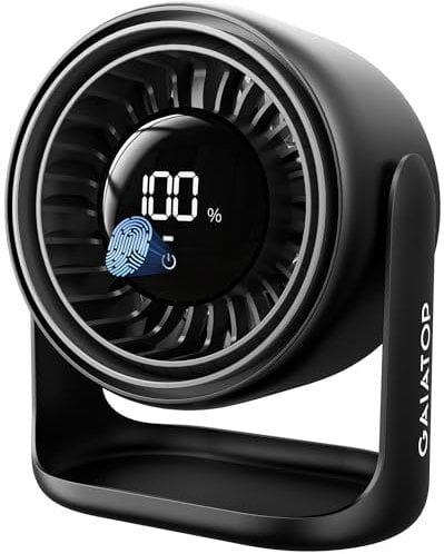 gaiatop Desk Fan with Touch Control, 4000mAh Battery, 5 Speeds Ultra Quiet with LED Display, 90° Tilt, 7.7 In USB-C Rechargeable Desktop Essential for Bedroom Dorm Room Home Office, Black
