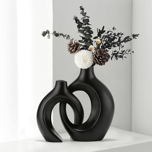 Anquephd Schwarze Hohle keramikvase 2er-Set, einzigartige runde Moderne Vase für nordische minimalistische Stil Dekoration, Donut Boho ästhetische Vase für Kaffee & Küche Tisch, Pampasgras. (Schwarz)