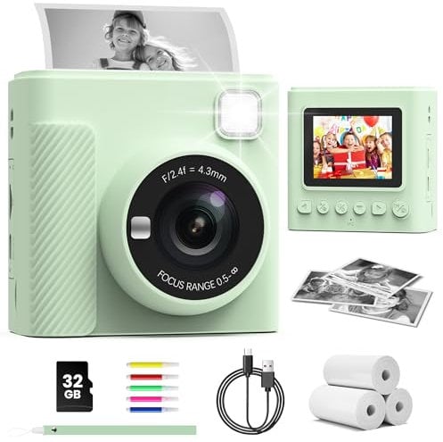 TIATUA Camara Fotos Infantil Instantanea, 2,4 Pulgada 1080P Cámara de Fotos Instantánea con Tarjeta de 32 GB y Papel Fotográfico, Regalo para Niños de 3 a 12 Años