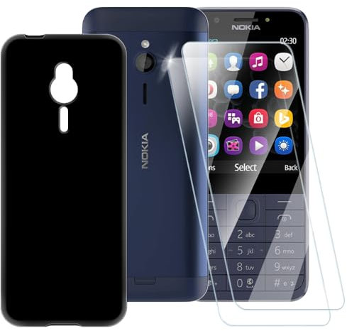 ESACMOT Pure Black Case Compatible with Nokia 230 + [2 Pack] Screen Protector Tempered Glass, Shockproof Case Cover for Nokia 230 (7.1 cm)