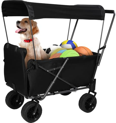 REDCAMP Zusammenklappbarer Hundewagen mit Baldachin, robust, 150 l | 150 l großer, zusammenklappbarer Mehrzweckwagen mit großen Rädern für große Hunde, Garten, Camping, Einkaufen, Sport