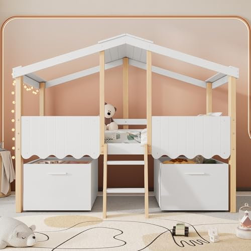 KUIKUI Kids Bed with Storage, Mid Sleeper Beds for Kids, Wooden Bed with 2 Storage and Safety Guardrail, 90x190cm