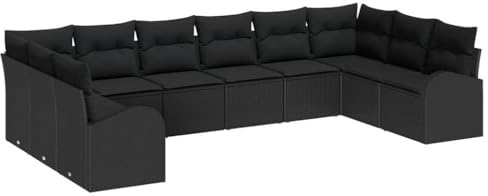 vidaXL Garten-Sofaset 10 Teile mit Kissen in Schwarz aus Poly Rattan – Modulares Outdoor-Sofa für Terrasse und Balkon, Wicker Mobiliars für Terrasse und Poolbereich.