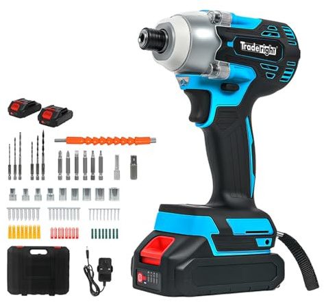 Traderight Cordless Impact Driver Kit Craftman 21V,1/4 Hex Chuck,Power 400Nm Torque 3000RPM 3600BPM Variable Speed Trigger 72-Piece Tool Set,2x2.0Ah Batteries Fast Charger Impact Tool Wheel Nut DIY