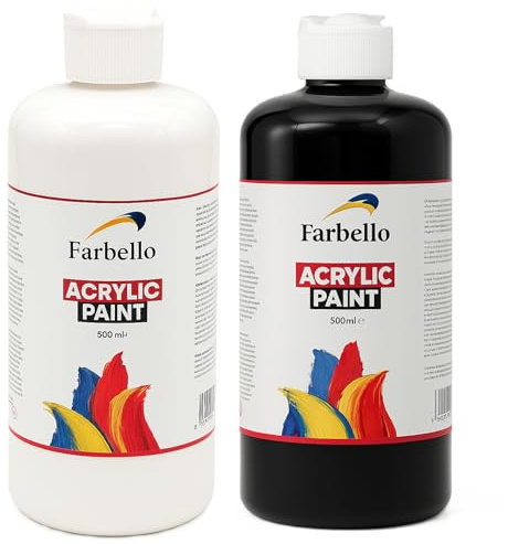 Farbello Acrylfarbe 500 ml+ 500 ml Weiß und Schwarz– Hochpigmentierte, wasserfeste Künstlerfarben für Acryl-Pouring, Leinwand, Holz, Stein, Papier & Metall – Leuchtende Malfarben (DUO)
