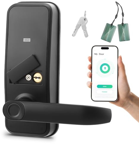 Smart Lock with Handle, Fingerprint Door Lock, Keyless Entry Door Lock with App Control, RFID Card, Password & Key Access, Touchscreen Keypad Electronic Door Lock for Front Door, Airbnb & Apartment
