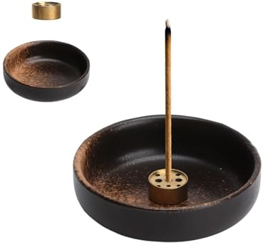 VOSSOT porte-encens porte encens bâton encens céramique support encens encensoir, coupelle 9 cm ramasse cendres avec insert en laiton 9 trous, style minimaliste Zen pour méditation et yoga à la maison