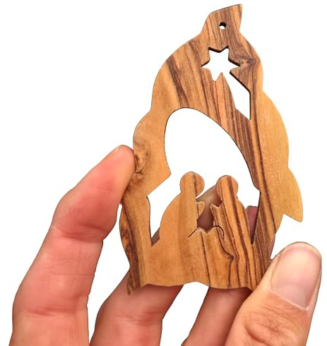 Lunexus Heilige Familie Olivenholz Christbaumschmuck für Weihnachten | Handgefertigter Olivenholz-Baumanhänger aus Bethlehem, mit Segen und Zertifikat – Motiv Heilige Familie.