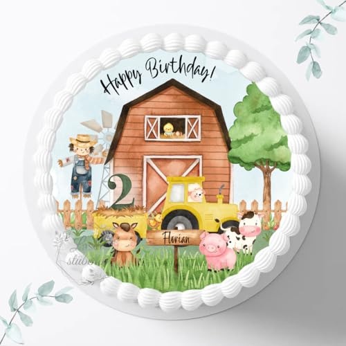 Tortenaufleger Bauernhof zum Geburtstag, personalisierbar mit Name und Alter, ⌀20cm Zuckerbild, Deko für Kuchen, Bild für Torten, Fondant für Kinder 3048G