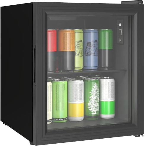 HOMCOM Réfrigérateur à Boissons 46L 59 Canettes Silencieux Pose Libre Noir | Mini Frigo de Chambre, Porte en Verre Trempé Double, Étagère en Verre, Éclairage LED, Écran Tactile, pour Bureau Dortoir