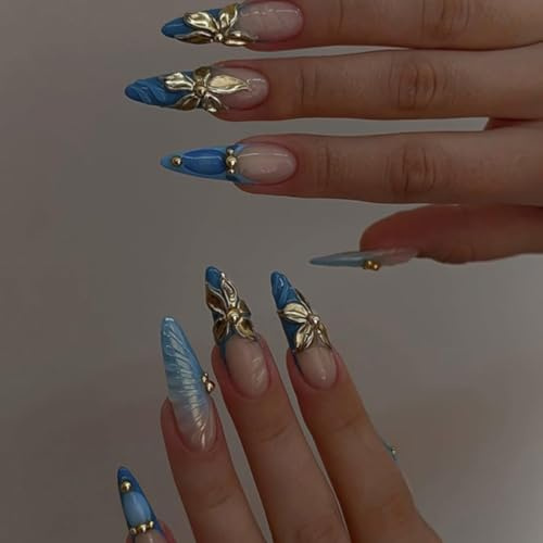 24pcs Extra Long Stiletto False Nails 3D Blue Pink Ombre Press on Nails | Stick on Nails French Tip, 3D Gold Flower Luxury Baroque Design, Removable, Glue-on Fake Nail Accessories for Women