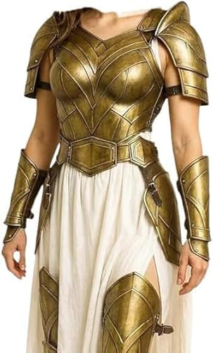 Zomitiya Damen Mittelalter Krieger Rüstung Set - Handgefertigte Brustpanzer aus Stahl mit Schulterstützen, Armschutz & Oberschenkelplatten - Goldenes Finish für LARP, Cosplay & Renaissance