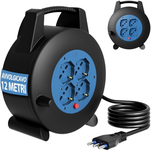 BAKAJI Avvolgicavo con 4 Prese Universali Shuko Polivalenti con Interruttore di Protezione al Surriscaldamento, Multipresa Multiuso con Cavo Resistente, Prolunga Elettrica Compatta (12 Metri)