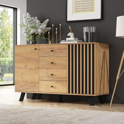 QQJIN Sideboard Wohnzimmer 120x38x75 cm, Kommode mit 4 Schubladen und 2 Schränken, Sideboard Holz mit Massivholzbeinen für Küche, Flur, Esszimmer – natürliche Holzmaserung,O