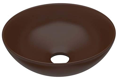 Foknhdi Lavabo in ceramica marrone scuro, rotondo, 280 x 100 mm, piccolo lavandino da appoggio senza troppopieno, per bagno, WC degli ospiti, cucina, sala cosmetici e garage