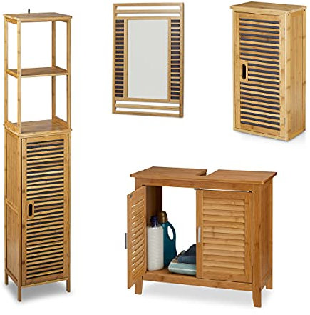 Relaxdays 4 teilige Badezimmer-Einrichtung, aus Bambus, Waschbeckenunterschrank, Badezimmerschrank, Badregal, Spiegel