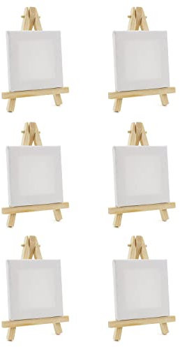 BRUBAKER 6er Set Mini Staffeleien mit Leinwand - Holz Tischkartenhalter - 12,5 cm Fotohalter Kartenhalter Platzkartenhalter - Kleine Tischdeko inkl. Mini-Leinwand Keilrahmen für Hochzeit Party
