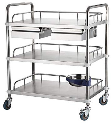 BETIME Medizinischer Wagen mit 3 Regalen Edelstahl-Behandlungswagen mit Schubladenleitplanke