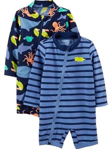 Simple Joys by Carter's Assorted Rashguard-Set Traje de baño de una Sola Pieza, Azul Marino Amigos Marinos/Morado Rayas, 18 Meses (Pack de 2) bebés niños