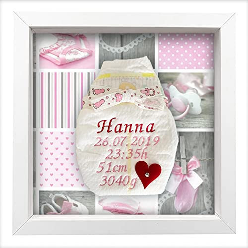 Bestickte Windel im Rahmen weiß, Mädchen, süßes Geschenk zur Geburt I Taufgeschenk, mit Kristallen verziert | Name, Datum, Uhrzeit, Gewicht und Größe | Nachhaltiges Babygeschenk
