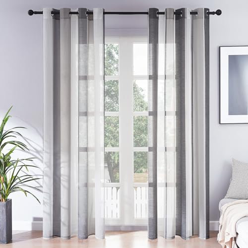MRTREES Tende per Interni con Occhiello a Strisce Verticali Semi Trasparente Tenda Leggera Elegante per Camera da Letto Soggiorno Finestra Moderna 2 Pezzi Bianco+Grigio Chiaro 140x225 CM