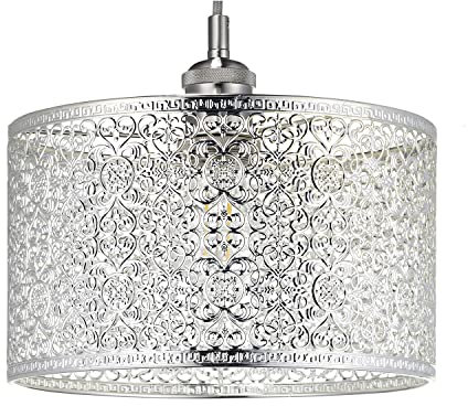 Ornate and Classic Moroccan Style Designed Shiny Plated Silver Metal Ceiling Pendant Lamp Shade 25cm x 15cm | 60w Maximum| Circular Metal Shade by Happy Homewares