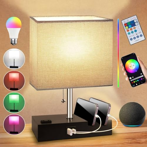 Intelligente RGB-Schreibtischlampe, dimmbar, funktioniert mit Alexa, App und Fernbedienung, Nachttischlampe mit Ladeanschlüssen, Ausgang und Telefonhalterung, Musik für Schlafzimmer