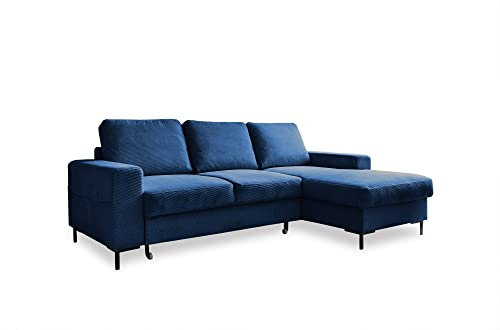MIUFORM Ecksofa mit Schlaffunktion und Bettkasten | Lofty Lilly | Wohnladschaft Couch Schlafcouch Wohnzimmer Gästezimmer | Cord-Stoff Metallfüße (Navy blau, Rechts ausgerichtet)