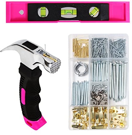 TOYIEW Kit per appendere quadri, 315 pezzi con ganci, filo, chiodi, anello a D, kit da appendere alla parete con ganci, livella magnetica e piccolo martello a artiglio rosa, chiodi per appendere