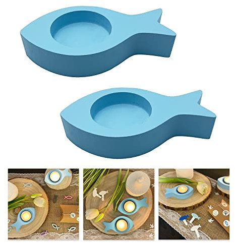 Oblique Unique® Teelichthalter Fisch 2er Set Kerzenhalter Fische aus Holz - Tisch Dekoration für Taufe Kommunion Konfirmation Taufdeko (Hellblau)