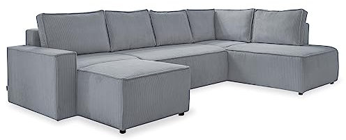 MIUFORM Cord Sofa U Form 322 cm x 194 cm x 89 cm, Ecksofa mit Schlaffunktion und Bettkasten- Brave Dave U- Wohnlandschaft U Form mit Schlaffunktion, Sofa Cord (Hellgrau, Rechts ausgerichtet)