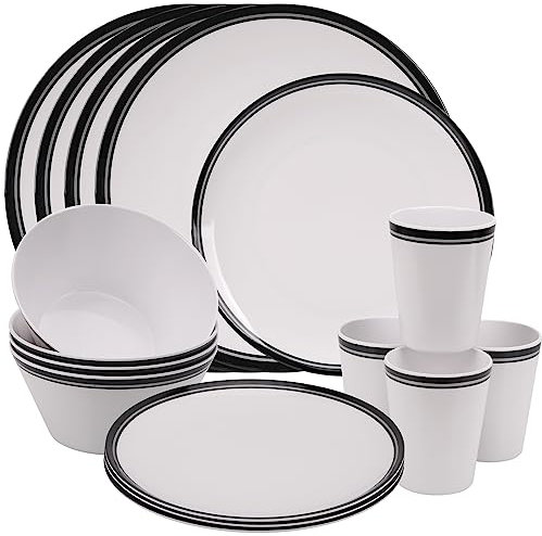 Trimming Shop 16pcs Melamine Dinner Set | Plates, Dessert Plates, Bowls & Cups | White with Black Stripe | Party Dinnerware | Service for 4 People | Dinnerware Set for Indoor Outdoor, Picnic, Camping