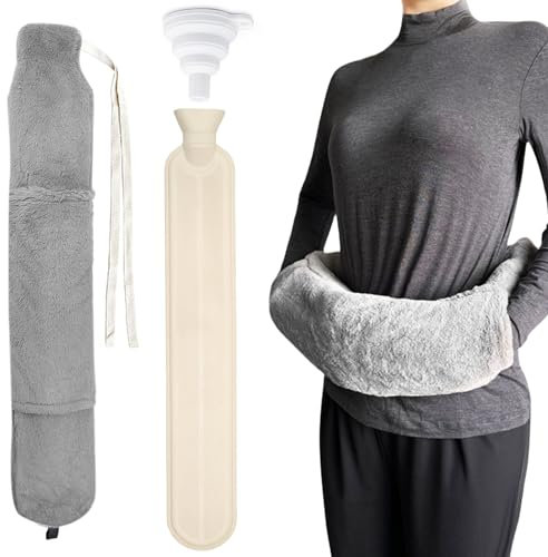Nizirioo Lange Wärmflasche, Wärmflasche Mit Weichem Bezug, 2 Liter Schlauch-Wärmflasche Nackenwärmflasche Hot Water Bottle Wärmeflasche Mit Einem Wassertrichter Für Nacken Schulter 73 X 13cm (Grau)