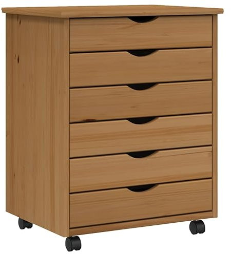 vidaXL Rollschrank, Rollcontainer mit 6 Schubladen, Kommode Schubladenschrank mit Rollen, Büroschrank Aktenschrank Rollwagen, Honigbraun Massivholz Kiefer