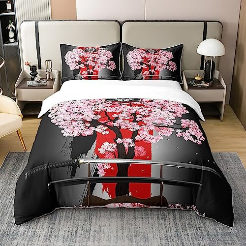 Homewish Coton, Housse de Couette Japonaise Noir et Blanc 220x240, Ensemble de Literie Style Sabre de Samouraï, Parure de Lit À Motif Traditionnel de Fleurs de Cerisier Roses, 3 Pièces