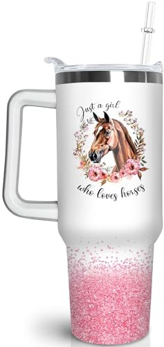 qoepfnsh 40 oz Horse Tumbler with Handle and Straw, Pink Floral Stainless Steel Vacuum Insulated Travel Coffee Mug Cup Water Bottle, Horse Stuff Accessories Decor Gifts for Women Girls