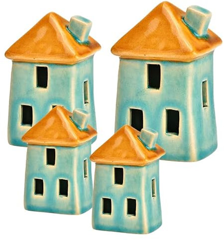 Logbuch-Verlag 4 kleine Deko Häuser 10, 14, 18 cm Frühling türkis maritim Strandhaus Stadt Geschenk Set aus Keramik