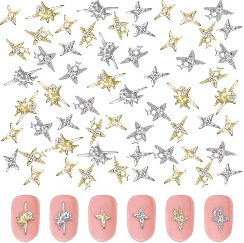 Star Nail Charms,60PCS Shiny Pentagram Cross Nail Gems,Metal Alloy Gold Silver3D Nail Art Decorations Supplies Nail Rhinestones for Manicure Desgin DIY Crafts (Silver B)