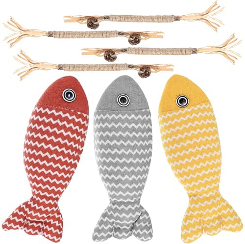 Wukemaoyi 3 Catnip Giocattoli per Gatti a Forma di Pesce & 4 Bastoncini Erba Gatta per Gattini, Giochi Gatto Interattivi, Bastoncini Matatabi per Giocattolo da Masticare per Gioco per Gatto