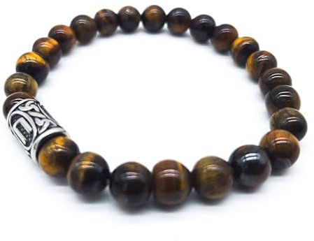 Wikinger Futhark Rune Edelstein Armband (18/21 cm, Damen/Herren) in Geschenkbox | Schutz Glück Energie (18, Rune URUZ Tigerauge | Stärke Energie Ausdauer)