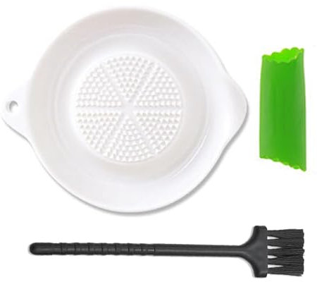 3-Piece Set Garlic Grater Plate, Ginger Garlic Grater Ceramic with Mini Brush, Porcelain Ginger Grater, Grater Food Grinder Porcelain for Ginger, Garlic, Onion, Vegetables and Fruits (White)