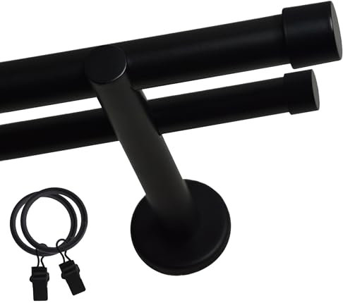 Voppi Gardinenstange 380cm schwarz 25mm doppeltes Loft schwarz aus Stahl mit Fröschen an Stützen mit Abschlüssen pulverbeschichtet für Fenster
