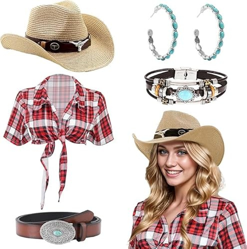 Dazzroi 5 Pcs Western Cowgirl Accessories Set for Women, Fancy Dress Kit with Cowgirl Hat Plaid Cowgirl T Shirt Turquoise Earrings Bracelets Adjustable Belt for Halloween Party Dress Up Day