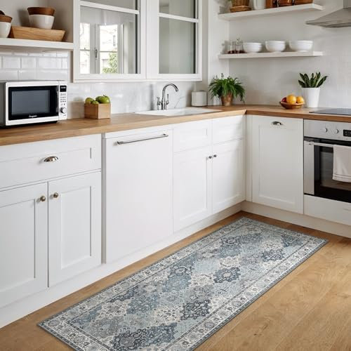 BEIMO Waschbarer Rutschfester Lang Läufer Teppich 80x300 cm, Vintage Flora Stil Läufer, Leicht, Farbecht und Strapazierfähig, Läufer für Flur, Treppe und Eingangsbereich