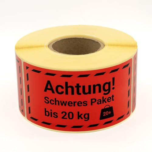 MD Labels Warnetiketten auf rolle 100x50mm ACHTUNG SCHWERES PAKET bis 20 KG 500 Stück - Paketaufkleber für Sendungen -Versandetiketten– Paketaufkleber