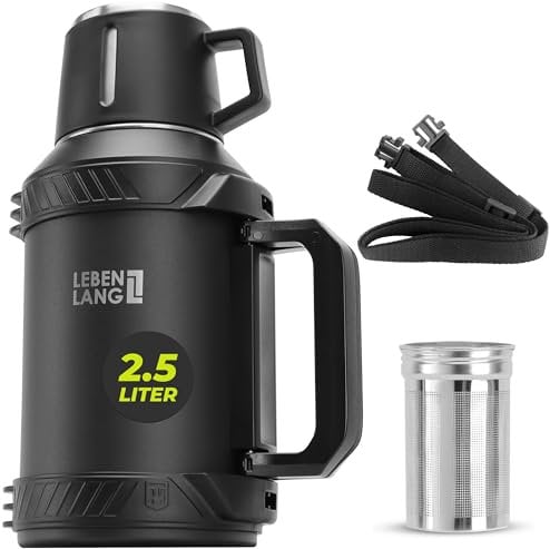 LEBENLANG Thermosflasche 2,5 Liter - 24h Heiß Inkl. Becher, Teesieb, Tragegurt I Trinkflasche Thermobecher 2 5 Liter Thermoskanne I Getränkeflasche Edelstahl Thermusteekanne Isolierflasche Thermo Cup