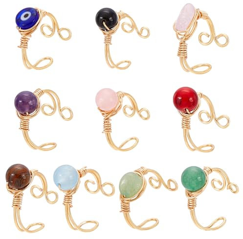 UNICRAFTALE 10 Styles 10Pcs Adjustable Wire Wrapped Rings Irregular Gemstone Finger Rings Set for Women Stackable Fashion Ring Set Colorful Gem Ring Silver Wire Wrapped 18mm