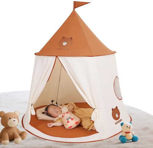 Spielzelt Kinderzelt,Spielzelt für Kinder, Prinzessin Prinz Schlosszelt, tragbares Pop-up Indianerzelt, Gartenhaus Tippi Zelt, Kinderzimmer Spielhaus, Geburtstag Weihnachts Geschenk (Brauner Bär)